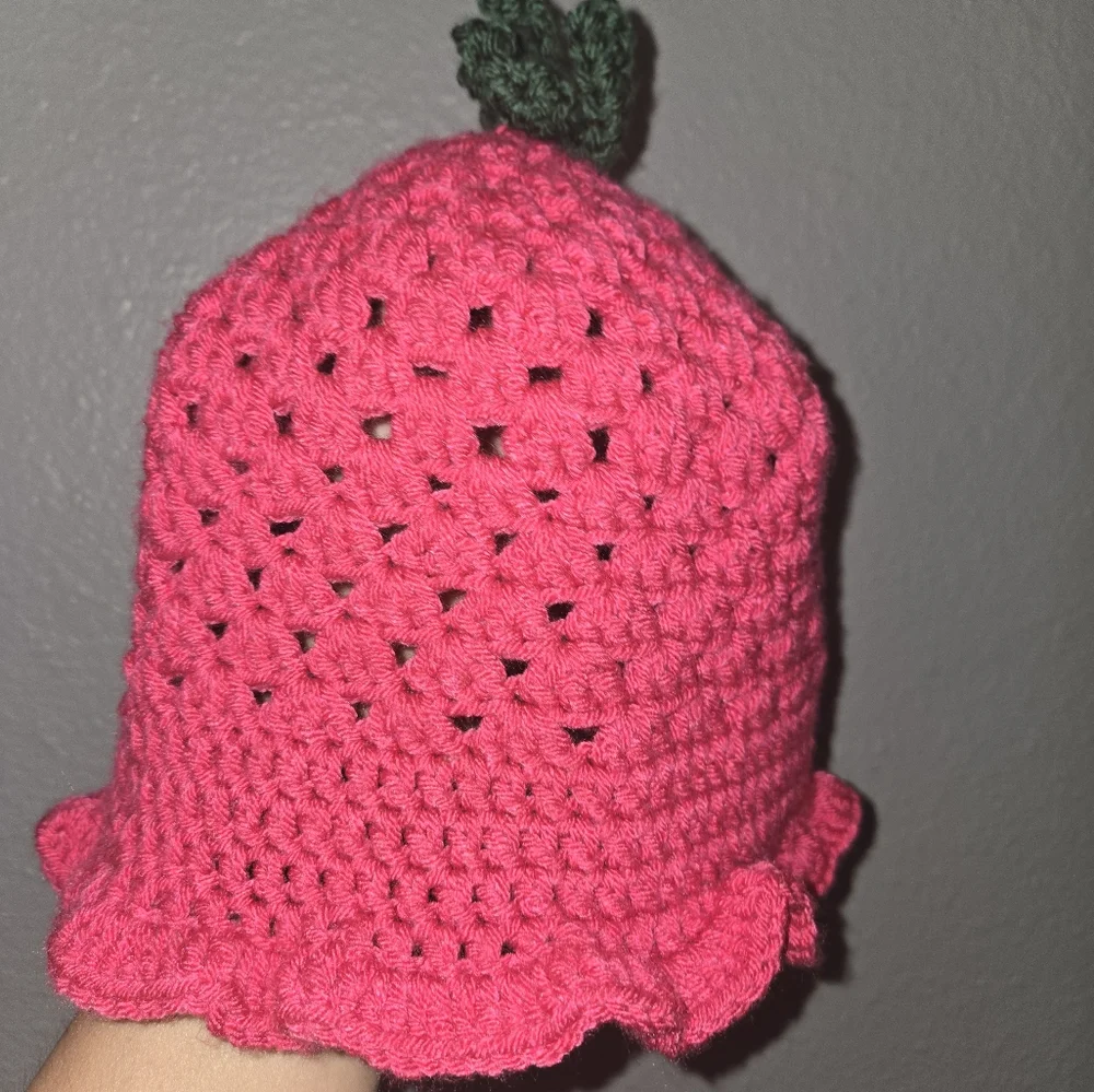 Girl's Raspberry Crochet Bucket Hat - Picture 9 of 15